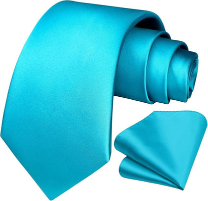 HISDERN Mens Solid Color Ties Formal Satin Necktie and Pocket Square Set Classic Wedding Business Tie & Handkerchief