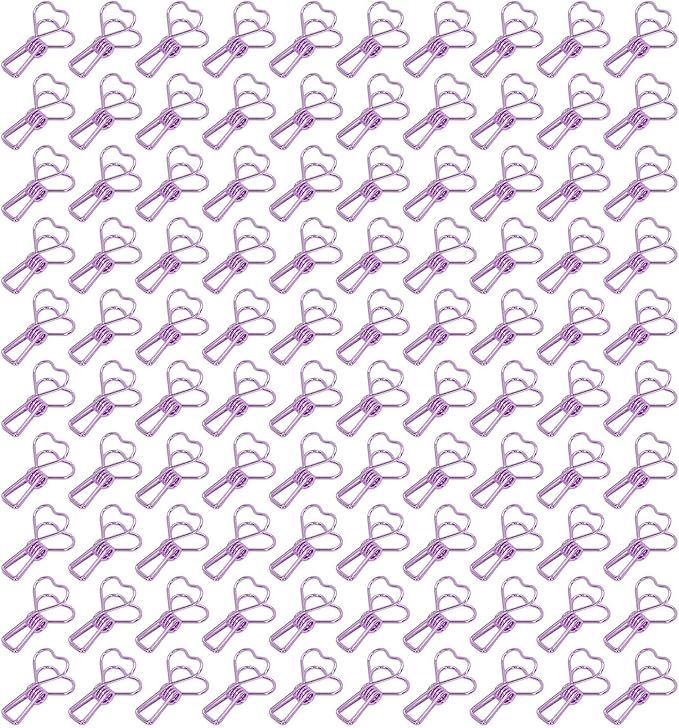 Clips in Assorted Sizes, Medium Metal Paper Clips, 100 Pcs Rose Gold - Strong Clamping Force, Hollow Heart Shape, Cute Office Document Accessories (Purple)