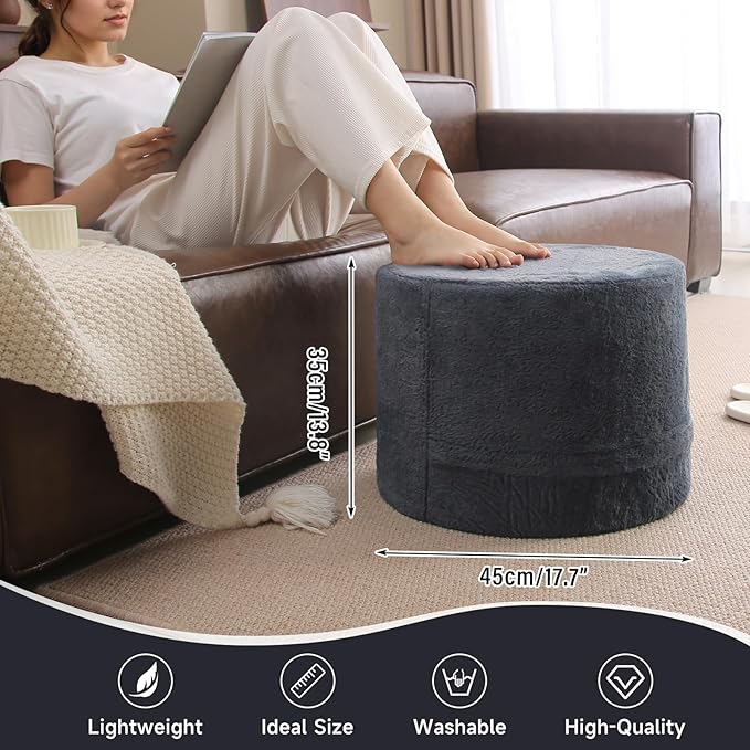 Tiita Stuffed Pouf Ottoman, Round Foot Stool Fluffy Floor Poufs Chair for Living Room Bedroom, Filled Boho Foot Rest for Couch, Blue-Grey