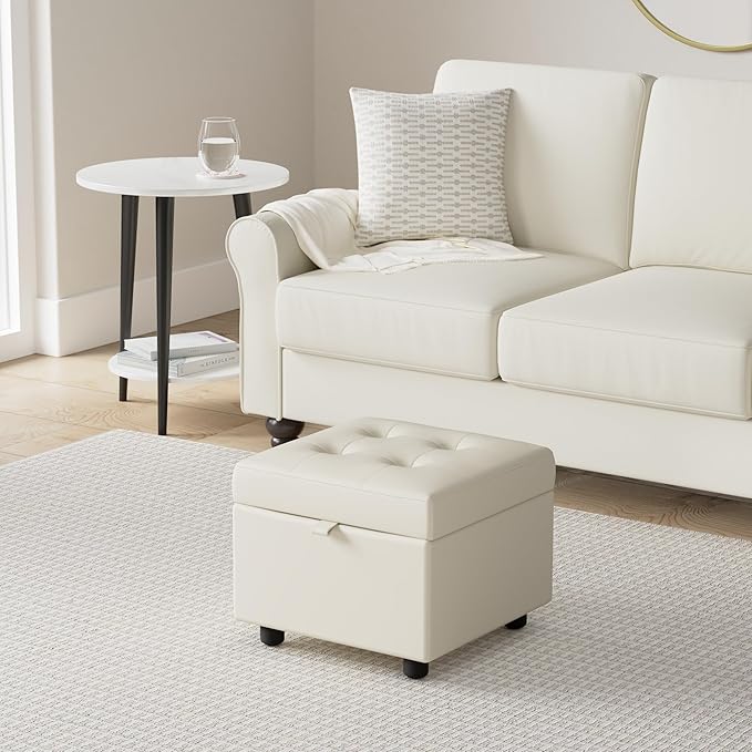 H&B Luxuries Tufted Leather Square Flip Top Storage Ottoman Cube Foot Rest (Cream with Storage)