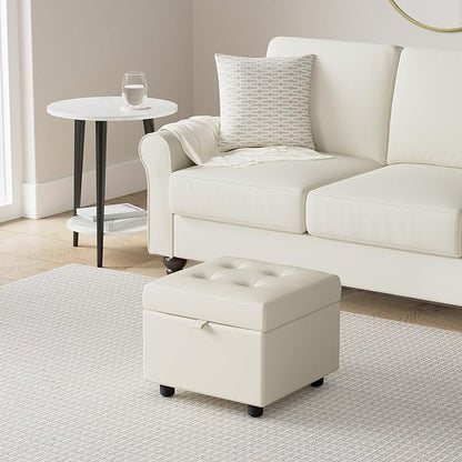 H&B Luxuries Tufted Leather Square Flip Top Storage Ottoman Cube Foot Rest (Cream with Storage)