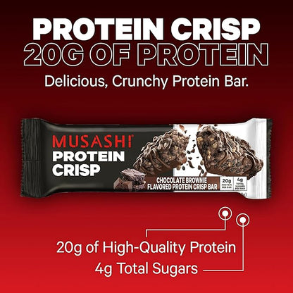 MUSASHI Protein Crisp Bar, 20g Protein, 4g Total Sugars, Chocolate Brownie, Post Workout and Snack On The Go, 12 Pack of 2.1oz (60g) Bars