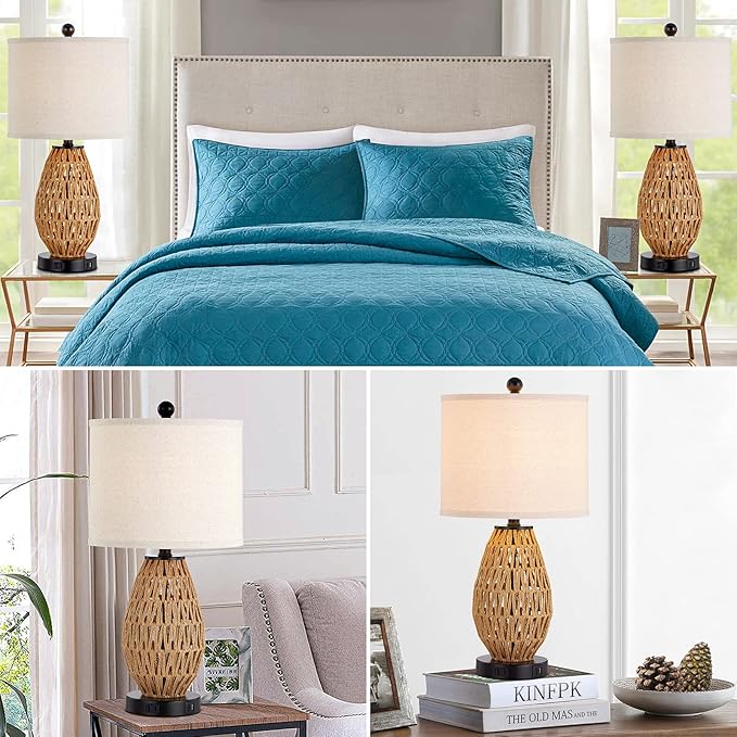 Touch Control Rattan Table Lamps, 3 Way Dimmable Bedside Lamps for Bedroom Set of 2 with 2 USB Ports and AC Outlet, Wicker Nightstand Lamps for Living Room (LED Bulbs Included)