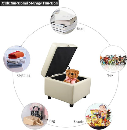H&B Luxuries Tufted Leather Square Flip Top Storage Ottoman Cube Foot Rest (Cream with Storage)