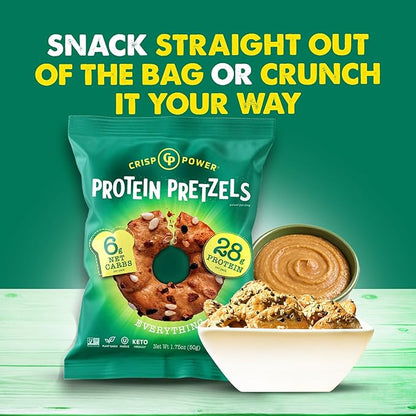 Crisp Power Protein Pretzels, Everything, High Protein Vegan Keto Snack, 28 G Plant Based Protein, Low Carb Crunchy Pretzel Snacks, No Added Sugar, No Seed Oils, 1.75 oz Bags, 6 Pack
