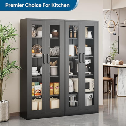 Display Storage Cabinet with Glass Door, 67 Inches Metal Curio Cabinet with 4 Adjustable Shelves, HD Tempered Glass Display Case for Home, Office, Clinic, Pantry, Assemble Required (Black)