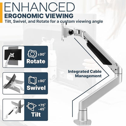 Premium Height Adjustable Single Monitor Arm Stand: Desk/Grommet Mount, Gas Spring Lift, VESA 75x75 or 100x100mm, Flat Curved Ultrawide Computer Screens up to 49in and 44lbs, Silver
