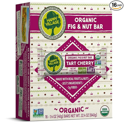Happy Village Organic Fruit & Nut Bar, TART CHERRY | Gluten Free, No Refined Sugar, Kosher, Non-GMO, Vegan, Good Source of Fiber | Organic Healthy Snack Bars (16 bars, 1.4 OZ each)