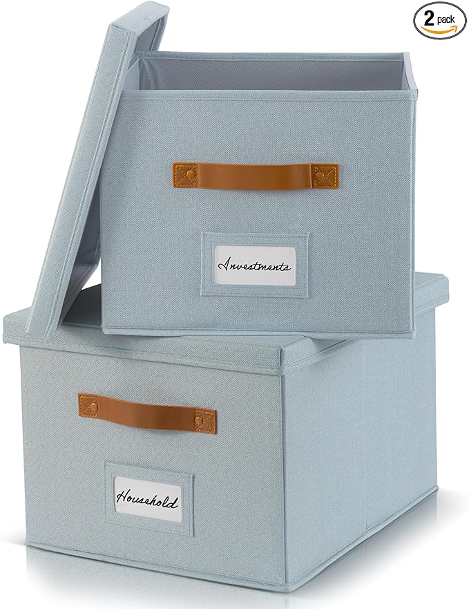 ZICOTO Decorative File Organizer Box Set of 2 - Collapsible Linen Filing Cabinets w/Handles Are Perfect to Store all Your Documents & Hanging File Folders - Portable Easy Slide Crates with Lid