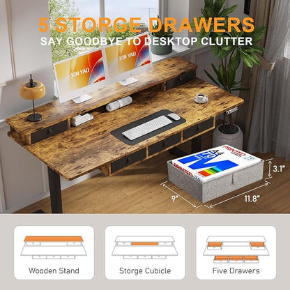 XINYAO Electric Standing Desk with 5 Drawers, 63x30 Inch Extra Wide Height Adjustable Sit Stand Up Desk with Storage Support 290lbs Ergonomic Rising Table with Wheels for Home Office
