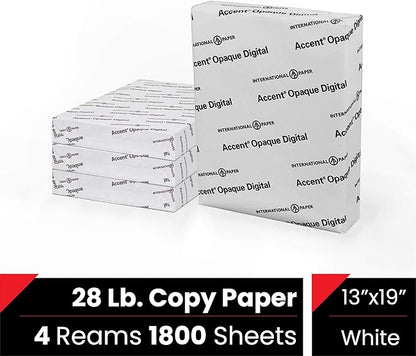 Accent Opaque White Printer Paper, 13” x 19” 28lb Copy Paper – 1,800 Sheets (4 Reams) – Premium Computer Paper with Super Smooth Finish, 97 Bright, 104gsm – Ideal for Ink Heavy Printing – 189034C