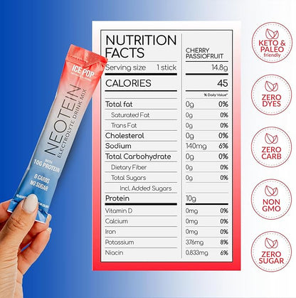 NEOTEIN: Electrolyte Powder Packets with 10g Protein & Collagen | Hydration Packets - Zero Sugar, NO Fillers, NO Carbs | Ice Pop | 40 Calories | Keto & Paleo | Pack of 15