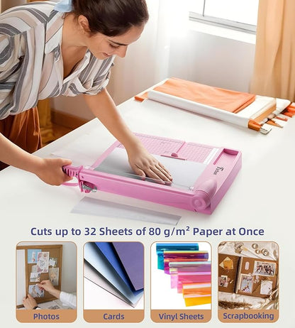 Firbon 12" Guillotine Paper Cutter, Heavy Duty 30-Sheet Capacity Trimmer for Cardstock, Photos, Scrapbooking, Office, Classroom, Studio (Pink)
