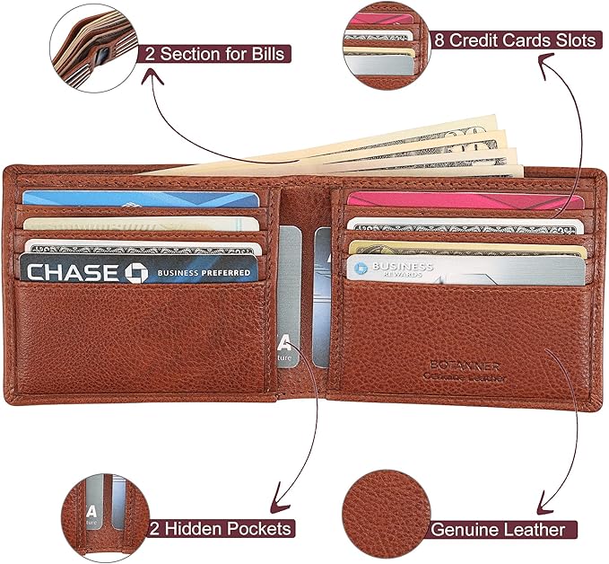 Mens Genuine Leather Bifold Wallet RFID Blocking 8 Credit Card Slots 2 Sections for Bills & 2 Additional Slots | Tan