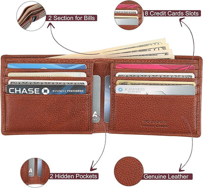 Mens Genuine Leather Bifold Wallet RFID Blocking 8 Credit Card Slots 2 Sections for Bills & 2 Additional Slots | Tan