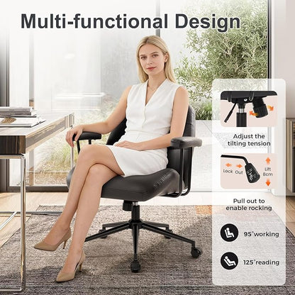IWMH Home Office Chair, PU Leather Ergonomic Desk Chair with Armrests, Mid-Century Modern Executive Task Chairs, Height Adjustable (Black)