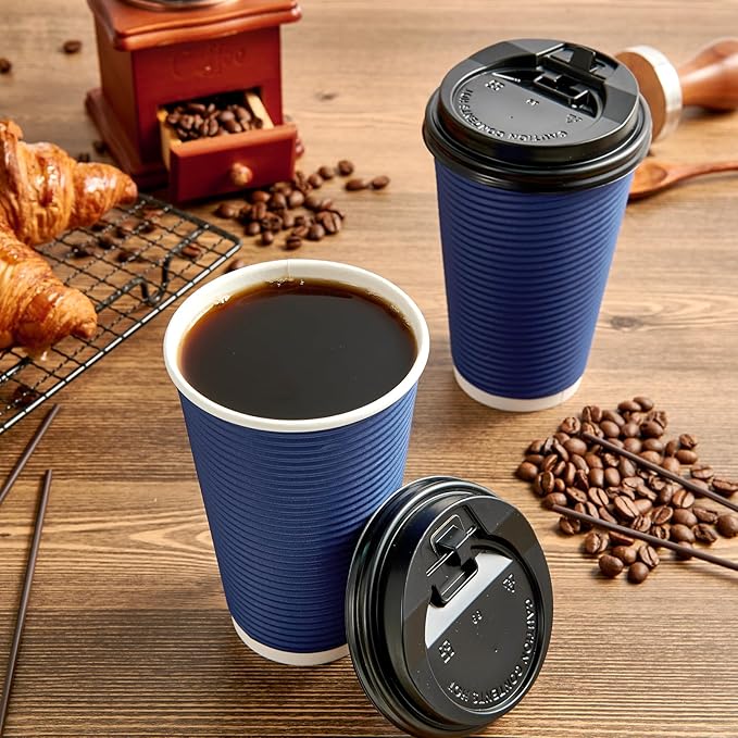 LITOPAK 80 Pack Insulated Ripple Wall 16 oz Disposable Paper Cups, Three Layer Insulated Hot Paper Coffee Cups with Lid and Straws for Parties, Picnics, and Travel