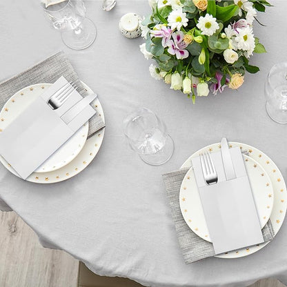 White Napkins Hand Towels Disposable, Linen-Feel Dinner Napkins with Prefolded Built-in Flatware Pocket, Guest Paper Hand Towels For Wedding, Dinner Or Party (16x16in, 50Pack）