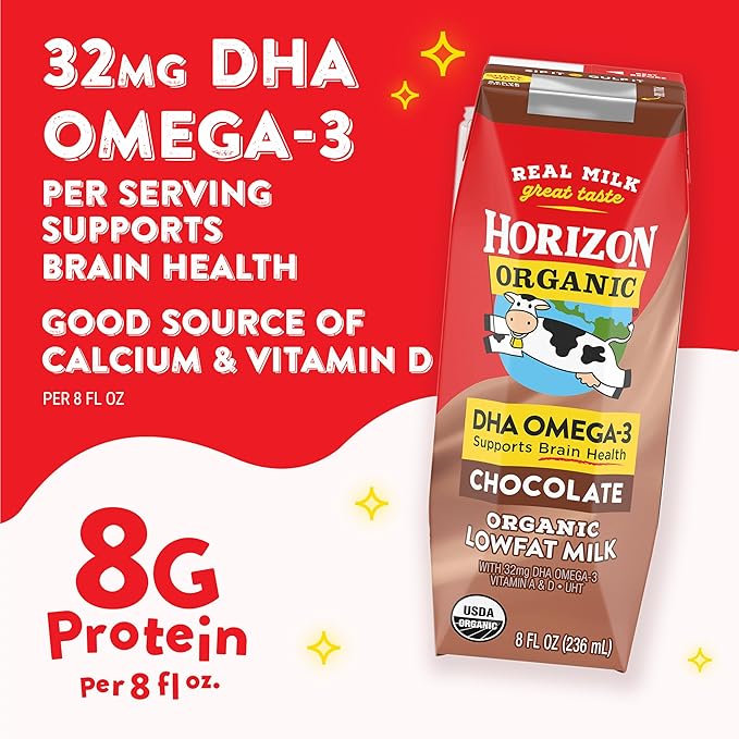 Horizon Organic Shelf Stable 1% Lowfat DHA Omega-3 Chocolate Milk Boxes, 8 fl oz, 6 Count - 8g Protein per Serving, USDA Organic UHT from Pasture-Raised Cows, Ready to Drink for Lunchbox, Travel, or On-the-Go, No Refrigeration Needed