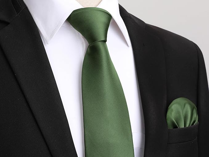 HISDERN Mens Solid Color Ties Formal Satin Necktie and Pocket Square Set Classic Wedding Business Tie & Handkerchief