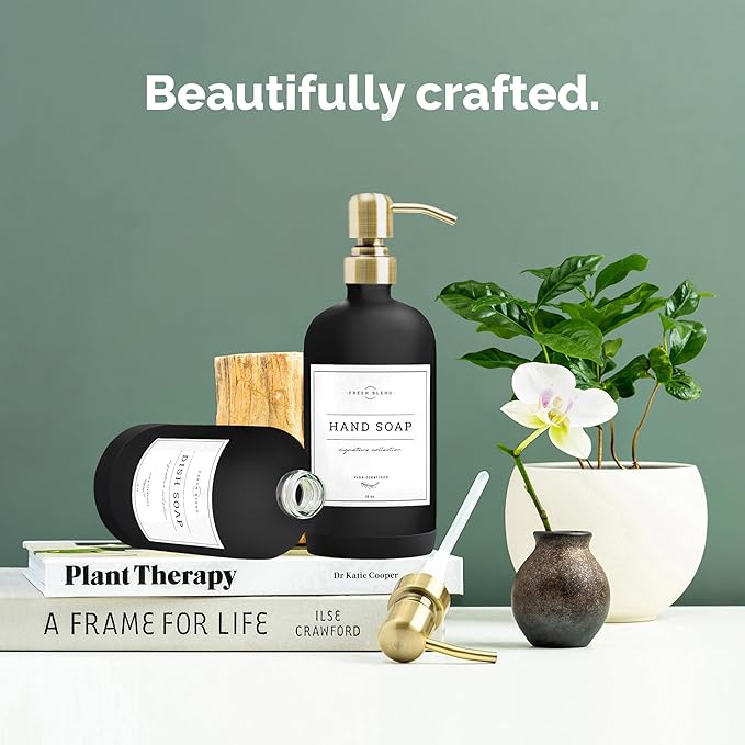 Vine Creations Black Glass Soap Dispenser, 2 Pack Kitchen Soap Dispenser Set with Stainless Steel Pump, 16 oz Dish Soap and Hand Soap Dispensers for Bathroom with Waterproof Labels