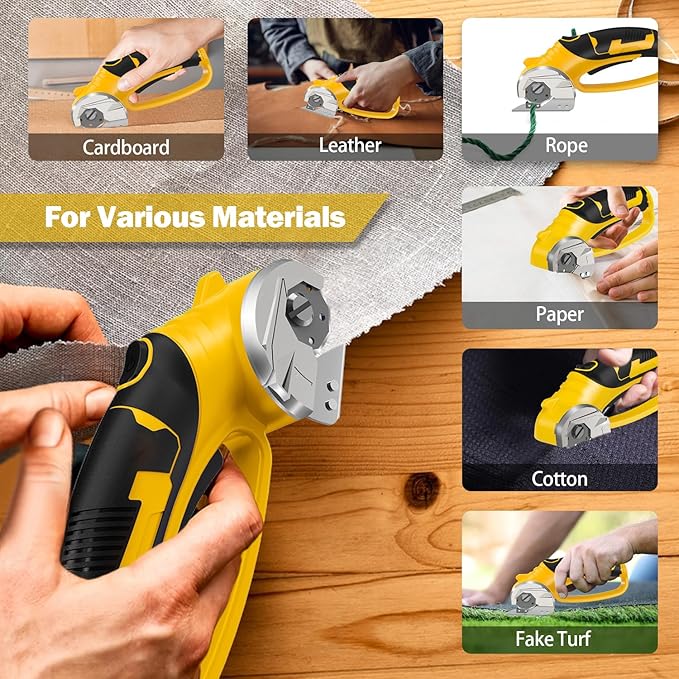 Cordless Electric Scissors, 4V Box Cutter & Cardboard Cutter with Upgrade Blade, LED Light, Safety Lock - Rechargeable Rotary Cutter for Fabric, Leather, Plastic, Crafting, Sewing, Industrial (Yellow)