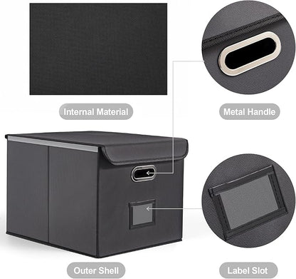 Collapsible File Box with Lid & Plastic Slide - Hanging Document Organizer for Office/Home, 14.96x12.6x10.83 Inch,Decorative Home File Bin,Dark Grey, 2 Pack (No Folders Included)