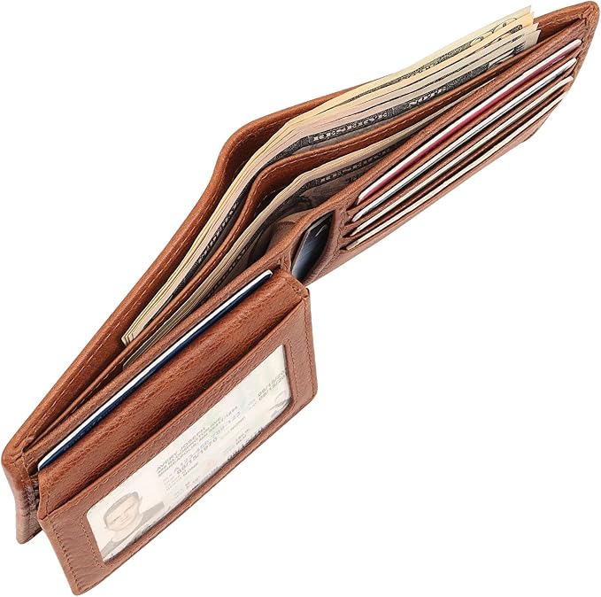 Mens Genuine Leather Flip ID Wallet RFID Blocking 8 Credit Card Slots 2 ID Windows 2 Sections for Bills 3 Hidden Pockets | Tan