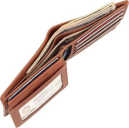 Mens Genuine Leather Flip ID Wallet RFID Blocking 8 Credit Card Slots 2 ID Windows 2 Sections for Bills 3 Hidden Pockets | Tan