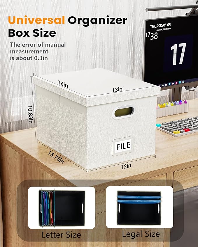 Oterri File Organizer Box with Lid, Portable Hanging File Box for Letter/Legal Files, Office/Decor/Home, 1 Pack, White Leather