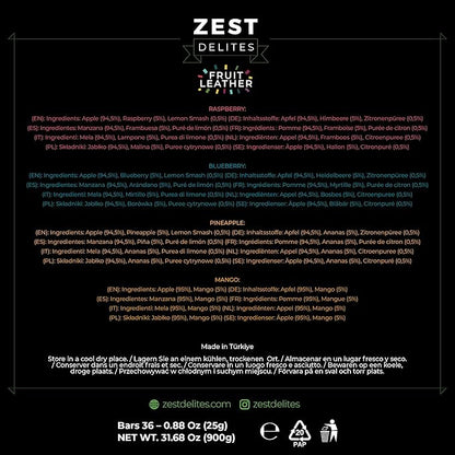 Fruit Snacks by Zest Delites, Fruit Leather Bars, Healthy Snacks for Adults & Kids, Vegan, Dried Apple-Based Pineapple, Mango, Blueberry, Raspberry Strips 0.88 oz x 36
