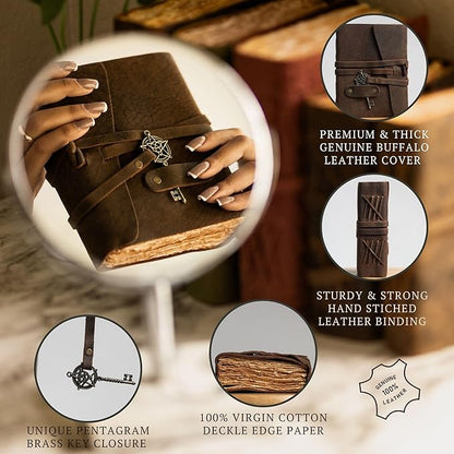 LEATHER VILLAGE Leather Bound Vintage Journal for Women & Men - 7"X5"(A7), Rustic Mocha Brown, 200 Pages of Handmade Deckle Edges Watercolor Paper - Antique Lock Closure - Book of Shadow