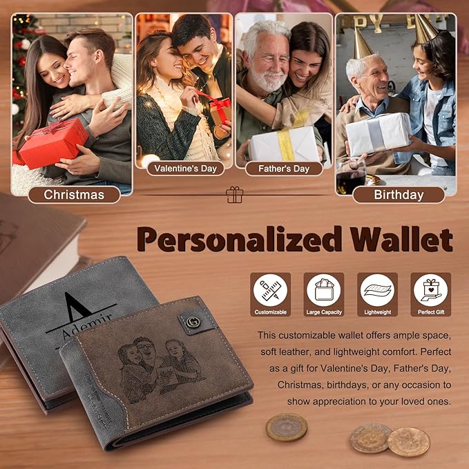 Personalized Wallet for Men – Custom Bifold Wallet with Photo, Text, Name, Calendar, RFID Blocking Slim Wallet, Gift for Husband, Dad, Boyfriend, Father’s Day, Birthday, Valentine’s Day (Dark Brown)