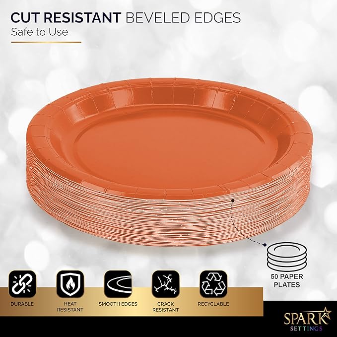 Disposable Paper Plates Orange, 6 3/4 Inches Paper Dessert Plates, Strong and Sturdy Disposable Plates for Party, Dinner, Holiday, Picnic, or Travel Party Plates, Pack of 50