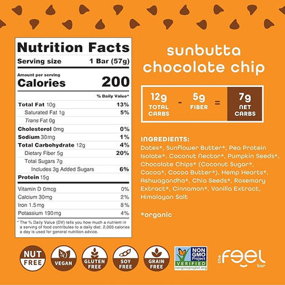 Feel Vegan Protein Bars | Sunbutta Choco Chip | Keto | Gluten Free | Organic | 15g Plant Protein | Low Carb | High Protein | Dairy Free | Low Sugar | Nut, Grain, Soy Free | Non GMO | 10 Pack