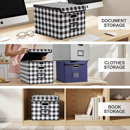 Collapsible File Box with Lid & Plastic Slide - Hanging Document Organizer for Office/Home, 14.96x12.6x10.83 Inch,Black and White Lattice, 2 Pack (No Folders Included)