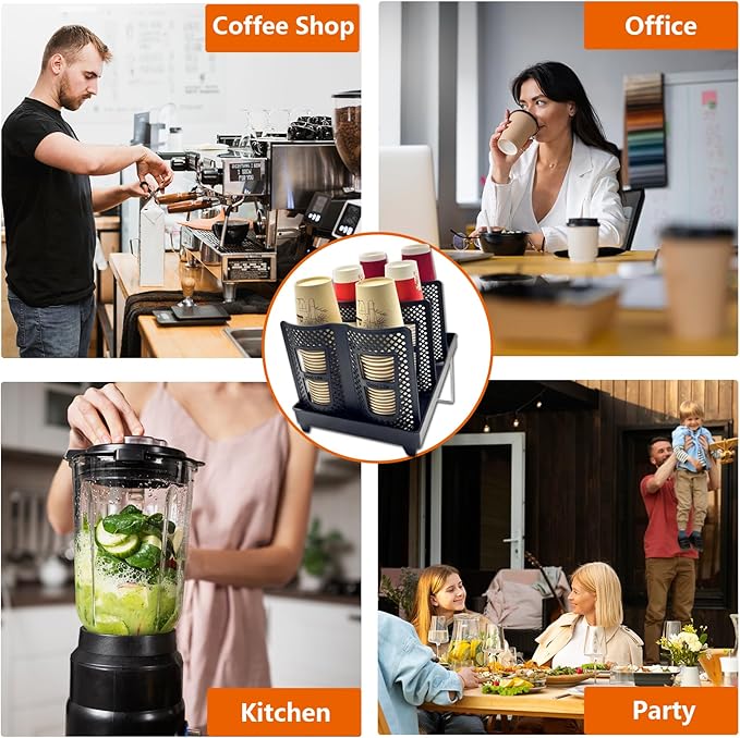Cup and Lid Holder, CIT ZCFYU Adjustable Coffee Cup Organizer 6 Compartment, Disposable Paper Cup Dispenser fits 8-22oz, Plastic Cup Storage Rack for Coffee Station Bar Countertop Breakroom, Station