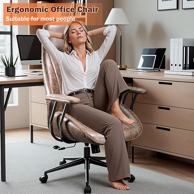 Ergonomic Executive Office Chair with Lumbar Support, Adjustable Height Home Office Desk Chair with Armrests, High Back Padded Headrest Office Chair, Rolling Swivel Computer Gaming Chair,Dark Brown