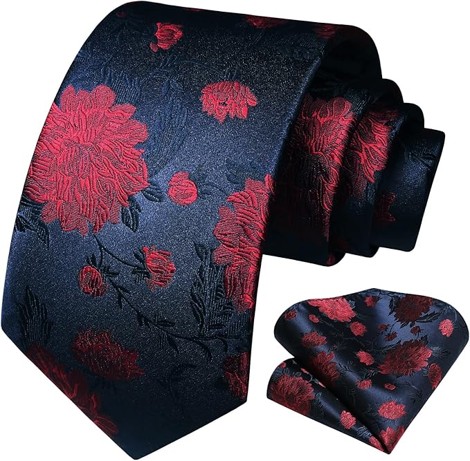 HISDERN Men Floral Ties Woven Classic 3.4" Necktie Set Formal Tie Pocket Square for Wedding with Handkerchief Gift Box