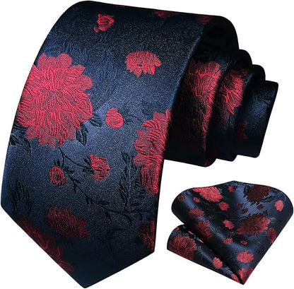 HISDERN Men Floral Ties Woven Classic 3.4" Necktie Set Formal Tie Pocket Square for Wedding with Handkerchief Gift Box