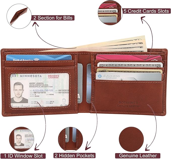 Genuine Leather Bifold Mens Wallet Slim RFID Blocking 5 Credit Card Slots 1 ID Window 2 Sections for Bills 2 Additional Slots | Dark walnut brown