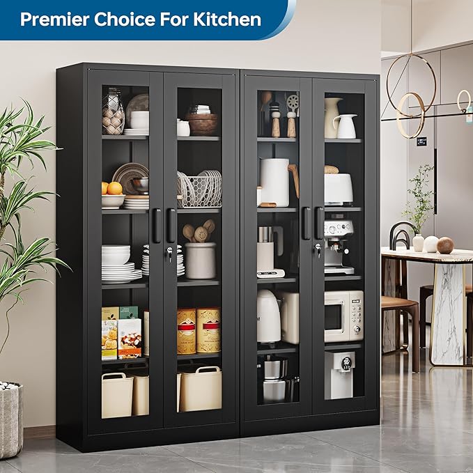 Display Storage Cabinet with Glass Door, 71 Inches Metal Curio Cabinet with 4 Adjustable Shelves, Locking Glass Display Case for Home, Office, Clinic, Pantry, Assemble Required (Black)