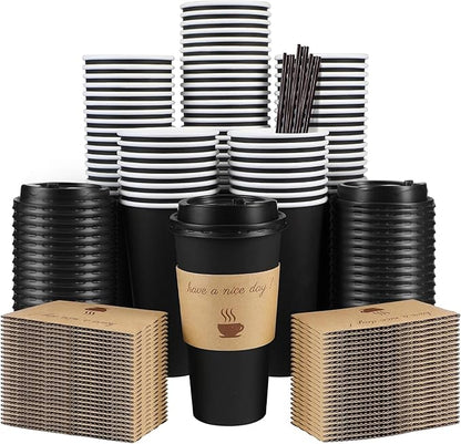 50 Pack 20 oz Coffee Cups with Lids, Disposable To Go Paper Coffee Cups with Sleeves and Stirring Sticks for Hot/Cold Drinks Office Home Shop Event (Black)