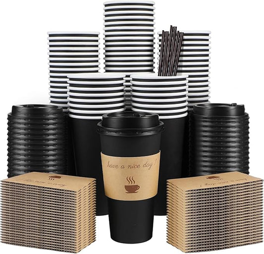 50 Pack 20 oz Coffee Cups with Lids, Disposable To Go Paper Coffee Cups with Sleeves and Stirring Sticks for Hot/Cold Drinks Office Home Shop Event (Black)