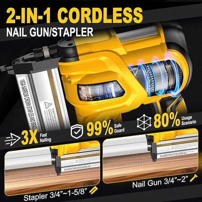 SILVEL 18 Gauge Cordless Brad Nailer, 2 in 1 Cordless Nail Gun/Electric Stapler, 2 * 4.0Ah Battery Powered Nail Gun, Fast Charging for Woodworking,Home Improvement, YELLOW
