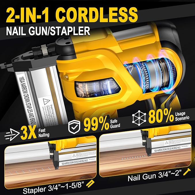 SILVEL 2" Cordless Brad Nailer, 2-in-1 21V Electric Brad Nailer with 2 * 2.0Ah Battery, 1000pcs Nails, 18GA Staples, Adjustable Depth for Woodworking, Home Improvement, yellow