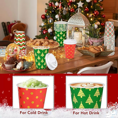 300 Pcs/100 Sets Christmas Coffee Cups with Lids and Sleeves 12 oz Disposable Christmas Paper Cups Party Drinking Cups for Hot and Cold Drinks Chocolate Coffee Tea Beverage Bar Supplies (Shiny)
