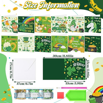 Saillong 12 Pack St Patrick's Day Diamond Painting Greeting Card Kits Green Shamrock Diamond Art Cards with Envelopes 5D Rhinestones Painting Making Kit for Adults DIY Craft Family Friend Holiday Gift