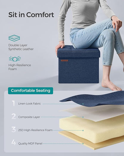 SONGMICS Mazie Collection - Small Folding Storage Ottoman, Foot Rest Stool, 12.2 x 16.1 x 12.2 Inches, 286 lb Load Capacity, for Living Room, Bedroom, Home Office, Dorm, Midnight Blue ULSF102Q02