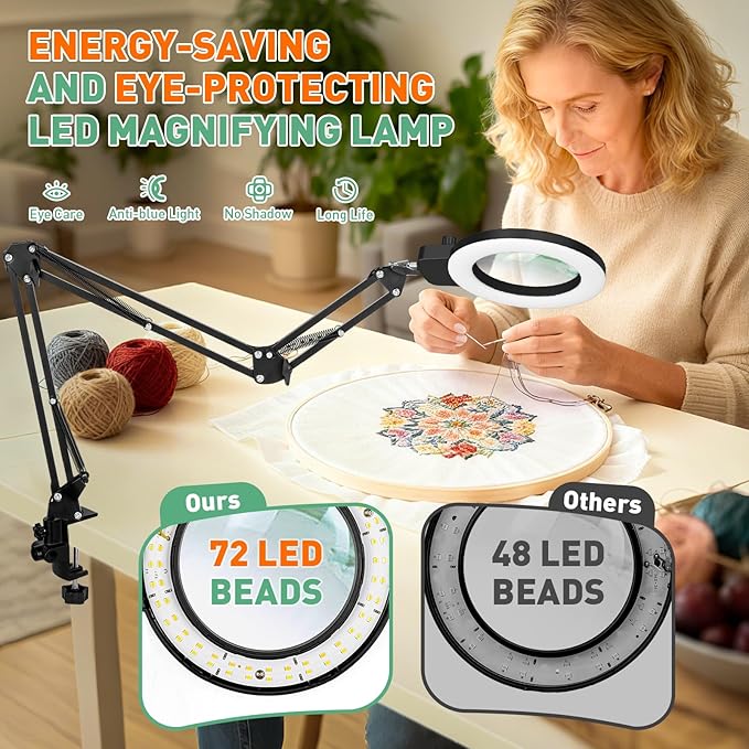 12X Magnifying Glass with Light, Ultra Long 3 Section Swing Arm LED Desk Lamp with Large Clamp, 3 Color and Brightness Hands Free Magnifier Light and Stand for Workbench Crafts Reading Sewing